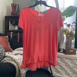 CeCe Coral Orange Ruffle Bottom Short Sleeve Top